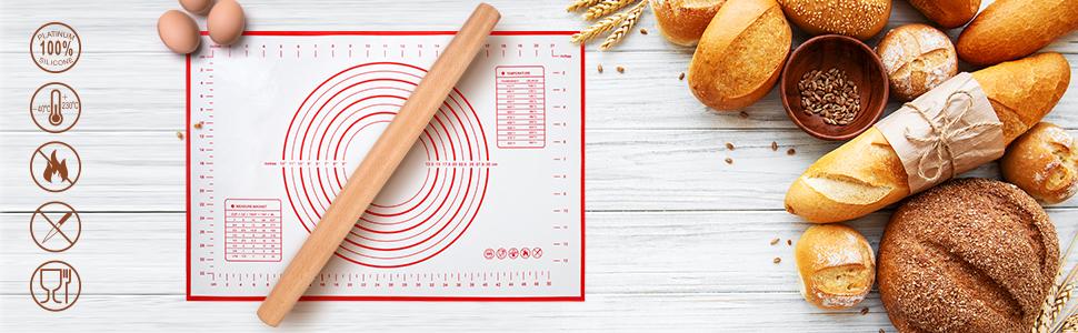 Wood French Rolling Pin for Baking, QUELLANCE Wooden Dough Roller with Silicone Baking Mat, Beech Wood Rolling Pins for Baking Dough, Pizza, Pie, Pastries, Pasta and Cookies,Red Pastry Mat