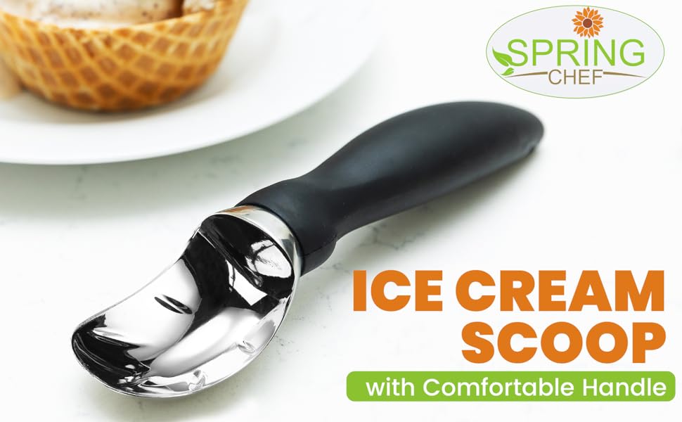 Spring Chef Gray Heavy Duty Ice Cream Scoop with Comfortable Soft Grip Handle, Dishwasher Safe Ice Cream Scooper, Professional Metal Kitchen Tool for Frozen Yogurt, Gelato, Sorbet, Sundae, Melon