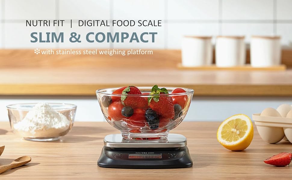NUTRI FIT Ultra Slim Kitchen Scale Digital Food Weight Scale for Baking Cooking in Grams and Ounces Tare & Backlit LCD Display 11lb 5kg Capacity- Black/Stainless Steel