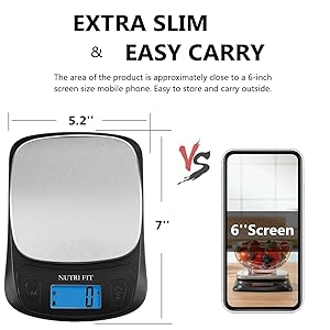 NUTRI FIT Ultra Slim Kitchen Scale Digital Food Weight Scale for Baking Cooking in Grams and Ounces Tare & Backlit LCD Display 11lb 5kg Capacity- Black/Stainless Steel