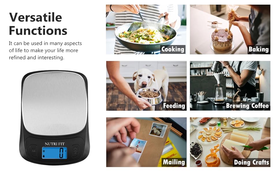 NUTRI FIT Ultra Slim Kitchen Scale Digital Food Weight Scale for Baking Cooking in Grams and Ounces Tare & Backlit LCD Display 11lb 5kg Capacity- Black/Stainless Steel