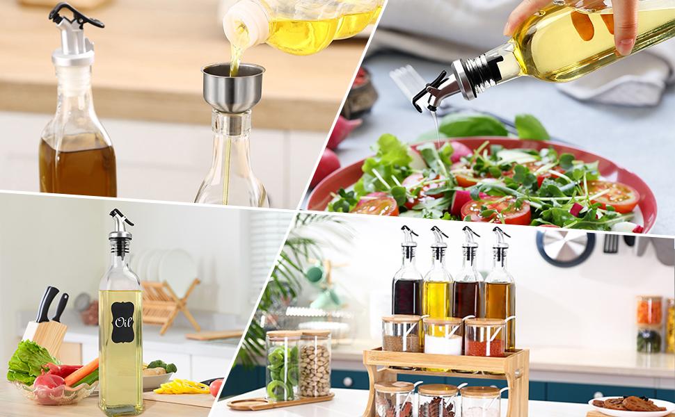 BAKHUK 4 Pack 17oz Olive Oil Dispenser Bottles, 500ml Clear Glass Vinegar Cruet with Pourers and Funnel for Kitchen