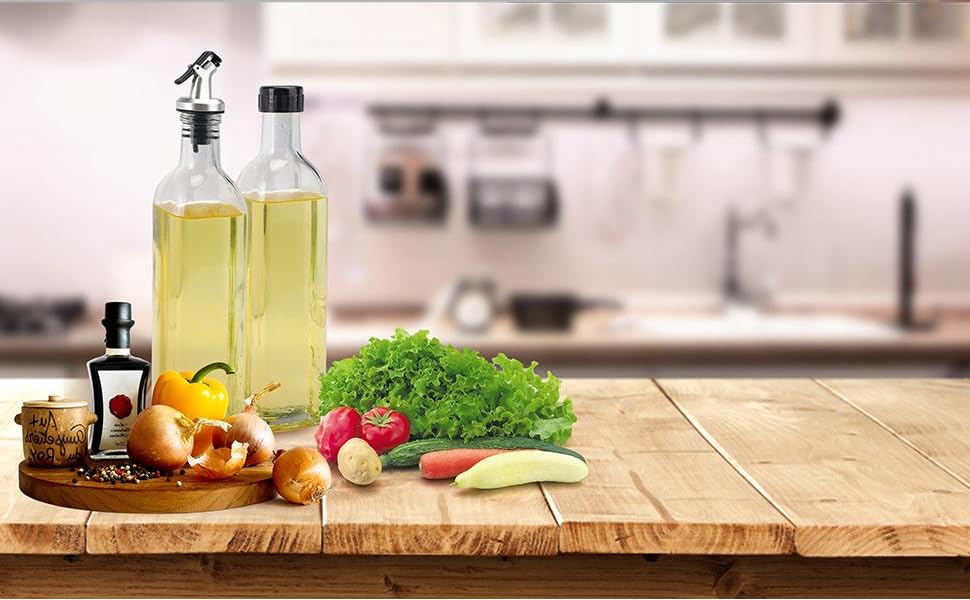 BAKHUK 4 Pack 17oz Olive Oil Dispenser Bottles, 500ml Clear Glass Vinegar Cruet with Pourers and Funnel for Kitchen