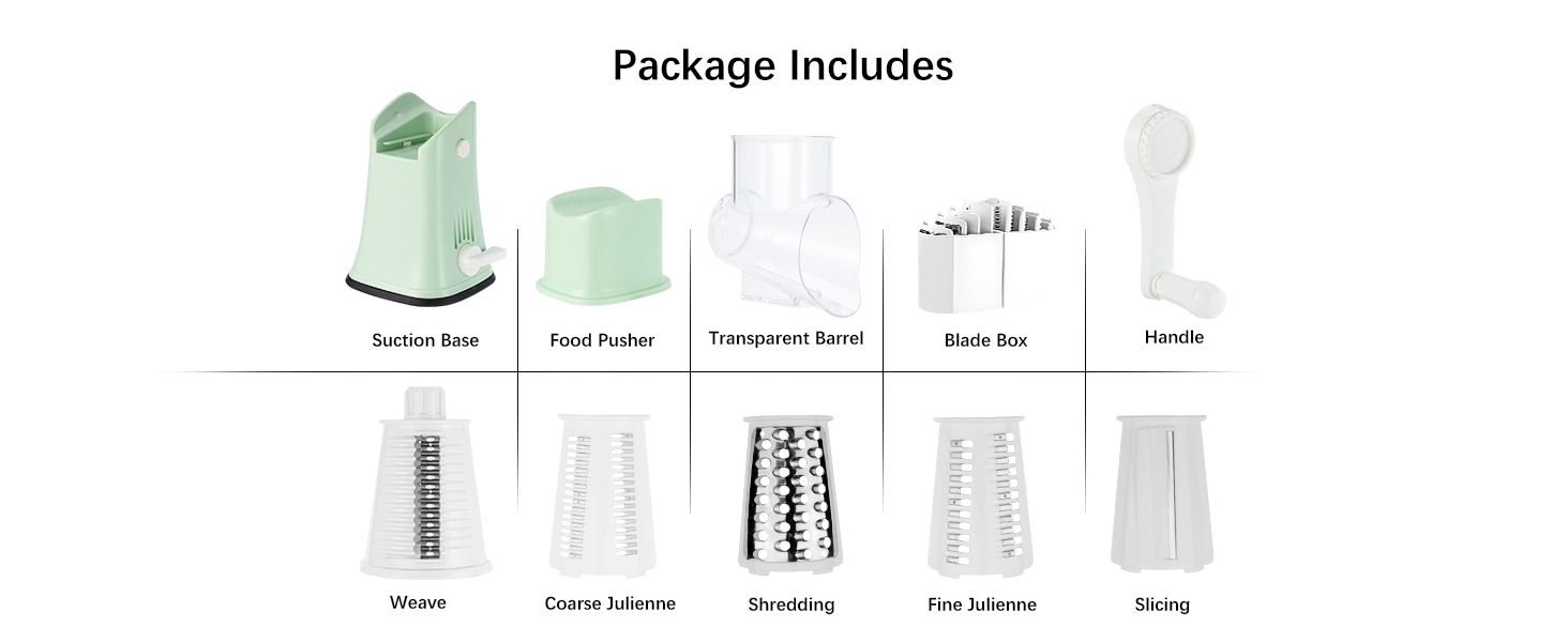 VEKAYA Rotary Cheese Grater, 5 in 1 Cheese Grater with Handle, Replaceable Stainless Blades Cheese Shredder, Cheese Vegetable Slicer, Easy to Clean Kitchen Gadgets with Storage Box