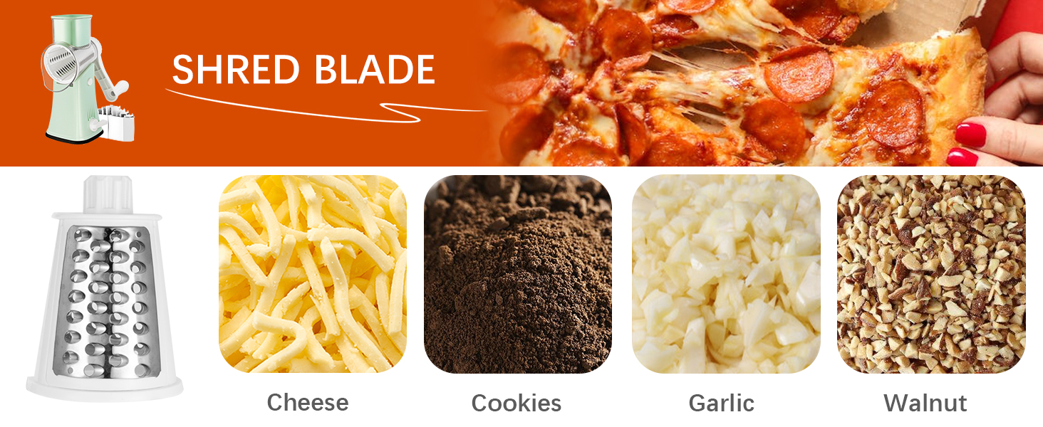 VEKAYA Rotary Cheese Grater, 5 in 1 Cheese Grater with Handle, Replaceable Stainless Blades Cheese Shredder, Cheese Vegetable Slicer, Easy to Clean Kitchen Gadgets with Storage Box