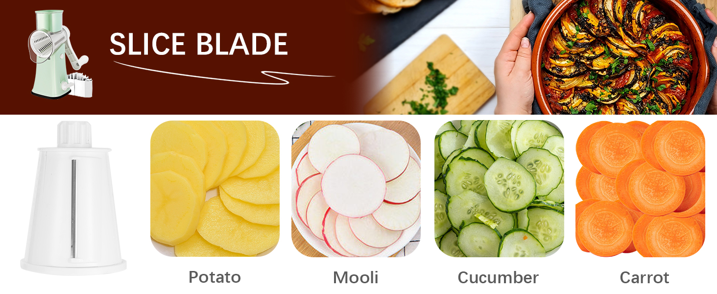 VEKAYA Rotary Cheese Grater, 5 in 1 Cheese Grater with Handle, Replaceable Stainless Blades Cheese Shredder, Cheese Vegetable Slicer, Easy to Clean Kitchen Gadgets with Storage Box