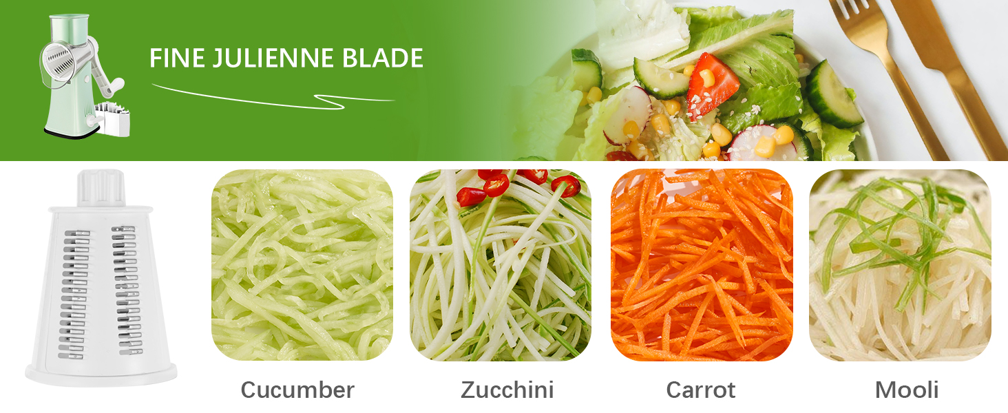 VEKAYA Rotary Cheese Grater, 5 in 1 Cheese Grater with Handle, Replaceable Stainless Blades Cheese Shredder, Cheese Vegetable Slicer, Easy to Clean Kitchen Gadgets with Storage Box