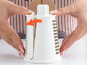 VEKAYA Rotary Cheese Grater, 5 in 1 Cheese Grater with Handle, Replaceable Stainless Blades Cheese Shredder, Cheese Vegetable Slicer, Easy to Clean Kitchen Gadgets with Storage Box
