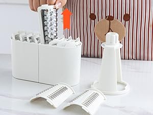 VEKAYA Rotary Cheese Grater, 5 in 1 Cheese Grater with Handle, Replaceable Stainless Blades Cheese Shredder, Cheese Vegetable Slicer, Easy to Clean Kitchen Gadgets with Storage Box