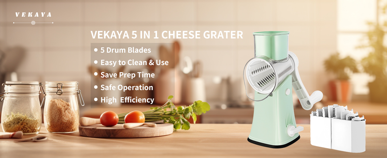 VEKAYA Rotary Cheese Grater, 5 in 1 Cheese Grater with Handle, Replaceable Stainless Blades Cheese Shredder, Cheese Vegetable Slicer, Easy to Clean Kitchen Gadgets with Storage Box