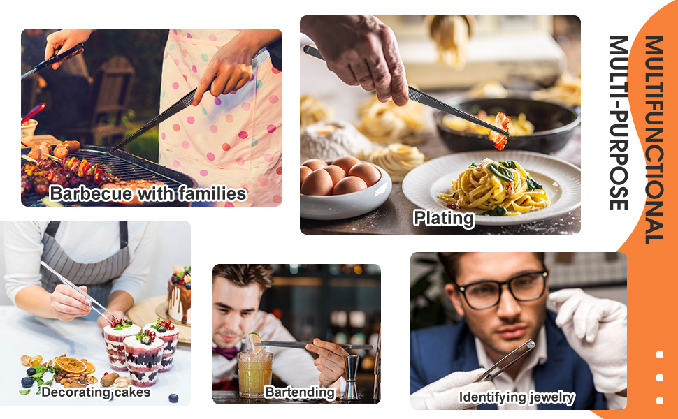 Yaomiao 4 Packs Bar Tweezers Long Garnish Tongs Bar Tweezers Stainless Steel Korean Bbq Tongs for Bartender Cocktail Cooking Food(Silver,8 Inch)