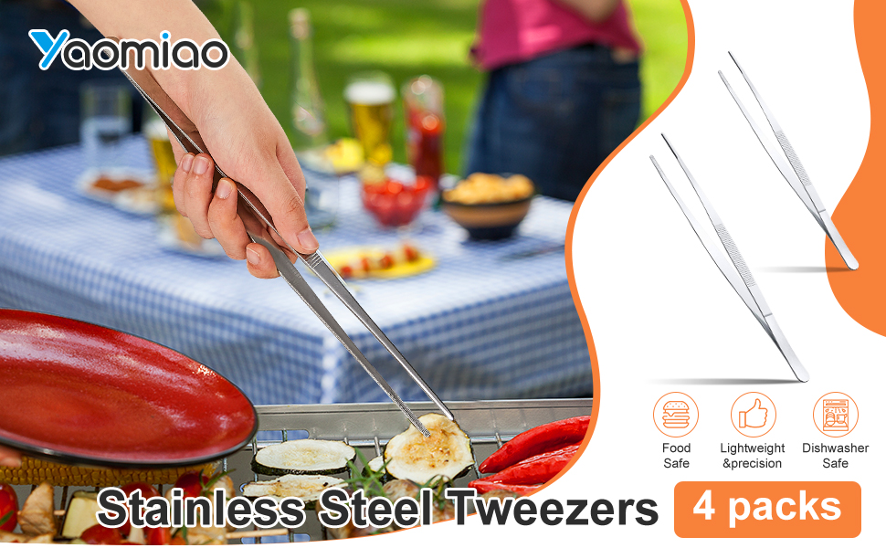 Yaomiao 4 Packs Bar Tweezers Long Garnish Tongs Bar Tweezers Stainless Steel Korean Bbq Tongs for Bartender Cocktail Cooking Food(Silver,8 Inch)