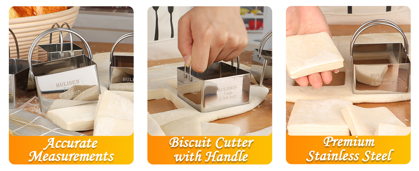 HULISEN Square Biscuit Cutter Set (4 Pieces/Set), Stainless Steel Cookies Cutter with Handle, Professional Baking Dough Tools, Gift Package (Square)