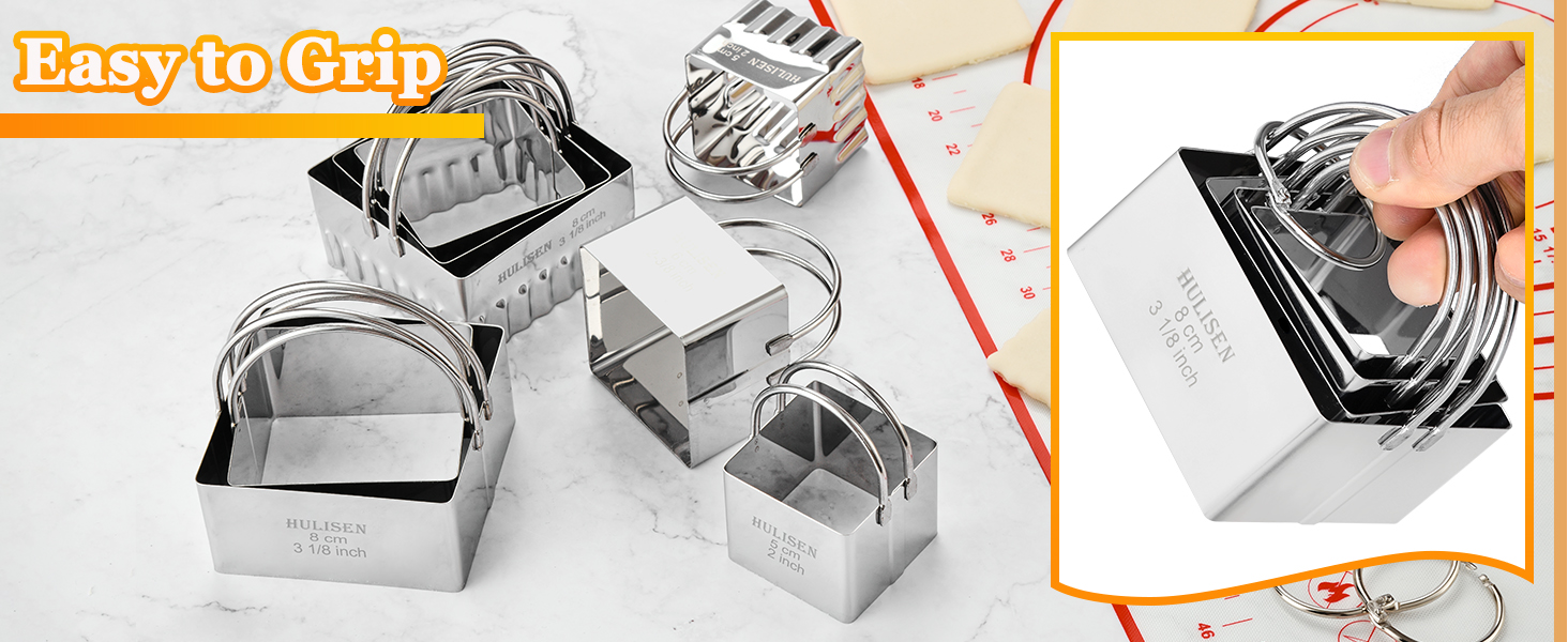 HULISEN Square Biscuit Cutter Set (4 Pieces/Set), Stainless Steel Cookies Cutter with Handle, Professional Baking Dough Tools, Gift Package (Square)