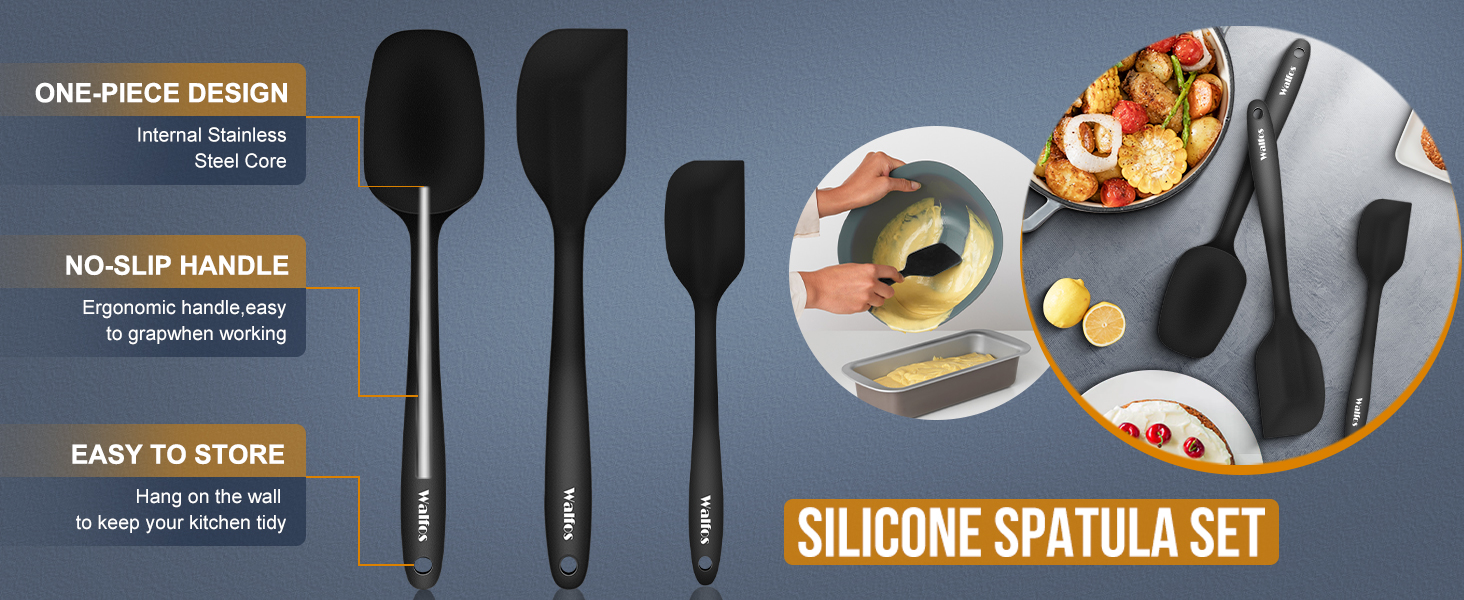 Walfos Silicone Spatula Set of 5 - (600°F) High Heat Resistant Kitchen Scraper Spatulas, One-Pieces Seamless Design, Perfect for Cooking Mixing & Baking - BPA Free and Dishwasher Safe,black