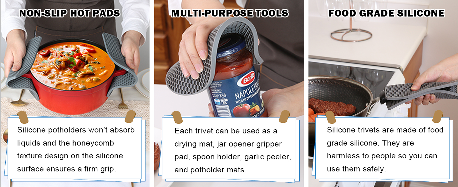 Joyhalo Trivets for Hot Dishes - Hot Pads for Kitchen, Silicone Pot Holders for Hot Pots and Pans, Silicone Mats for Kitchen Countertops, Table, Flexible Easy to Wash and Dry, Grey