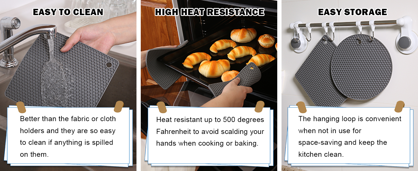 Joyhalo Trivets for Hot Dishes - Hot Pads for Kitchen, Silicone Pot Holders for Hot Pots and Pans, Silicone Mats for Kitchen Countertops, Table, Flexible Easy to Wash and Dry, Grey