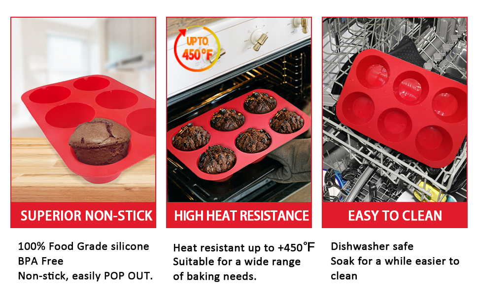 Walfos Silicone Texas Muffin Pan Set- 6 Cup Jumbo Silicone Cupcake Pan, Non-Stick, Just PoP Out! Perfect for Egg Muffin, Big Cupcake - BPA Free and Dishwasher Safe, Set of 2