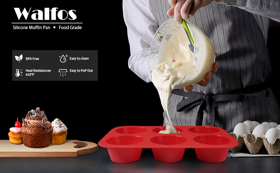 Walfos Silicone Texas Muffin Pan Set- 6 Cup Jumbo Silicone Cupcake Pan, Non-Stick, Just PoP Out! Perfect for Egg Muffin, Big Cupcake - BPA Free and Dishwasher Safe, Set of 2