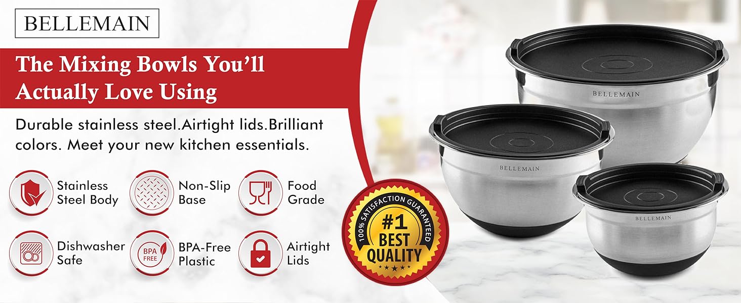 Bellemain Mixing Bowls with Lids Set - Stainless Steel Mixing Bowls with Airtight Lids - Food Storage Containers - 3PCS Set with Non-Slip Bottoms Kitchen Essentials for Baking - Serving