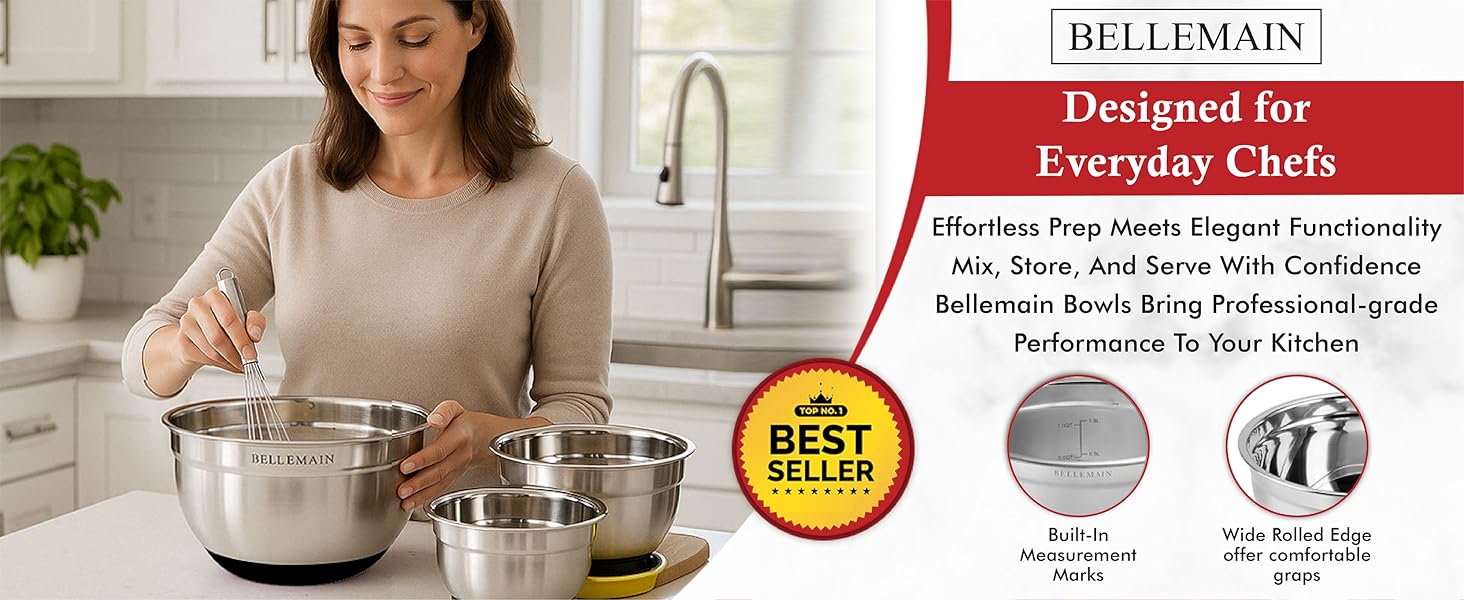Bellemain Mixing Bowls with Lids Set - Stainless Steel Mixing Bowls with Airtight Lids - Food Storage Containers - 3PCS Set with Non-Slip Bottoms Kitchen Essentials for Baking - Serving