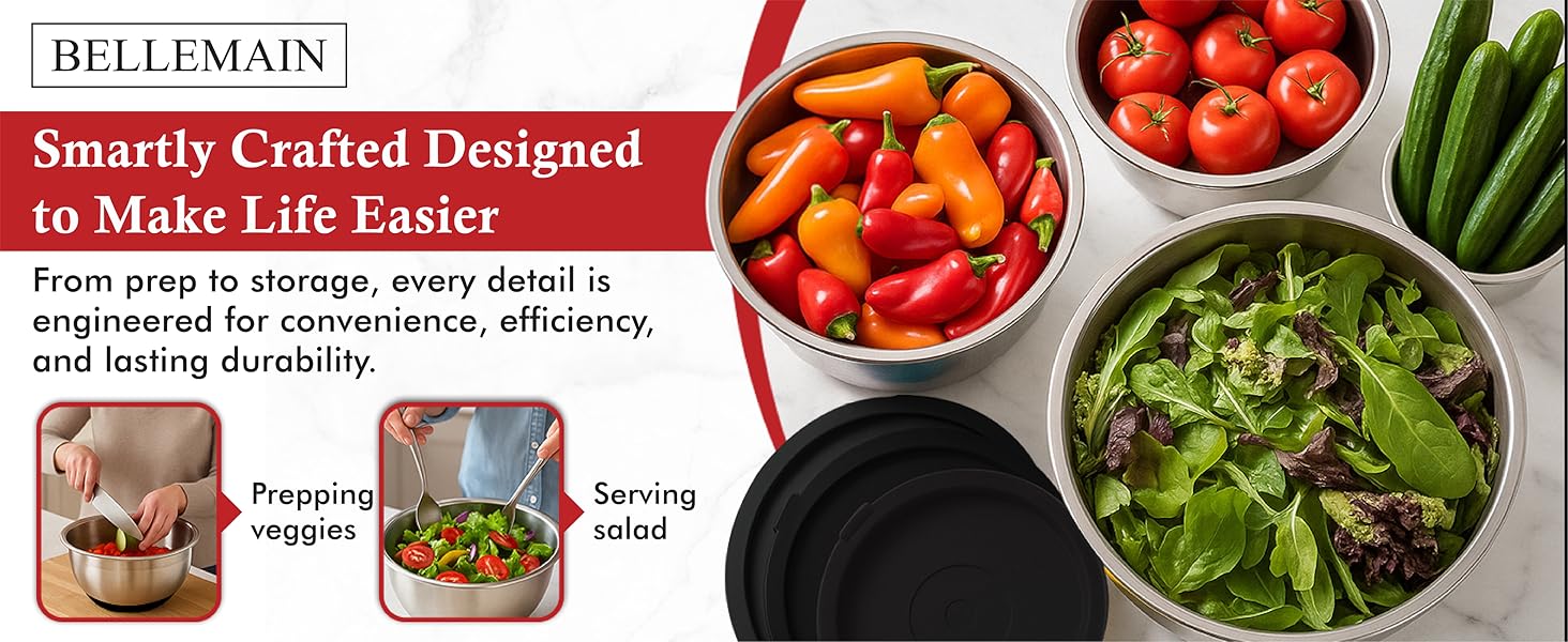 Bellemain Mixing Bowls with Lids Set - Stainless Steel Mixing Bowls with Airtight Lids - Food Storage Containers - 3PCS Set with Non-Slip Bottoms Kitchen Essentials for Baking - Serving