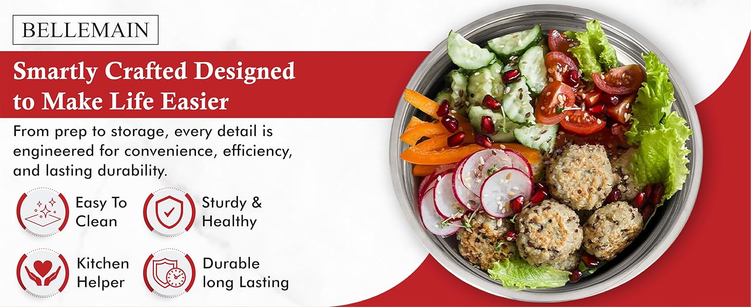 Bellemain Mixing Bowls with Lids Set - Stainless Steel Mixing Bowls with Airtight Lids - Food Storage Containers - 3PCS Set with Non-Slip Bottoms Kitchen Essentials for Baking - Serving