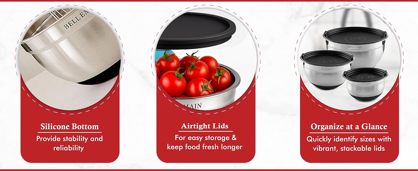 Bellemain Mixing Bowls with Lids Set - Stainless Steel Mixing Bowls with Airtight Lids - Food Storage Containers - 3PCS Set with Non-Slip Bottoms Kitchen Essentials for Baking - Serving