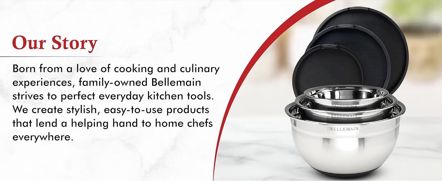 Bellemain Mixing Bowls with Lids Set - Stainless Steel Mixing Bowls with Airtight Lids - Food Storage Containers - 3PCS Set with Non-Slip Bottoms Kitchen Essentials for Baking - Serving