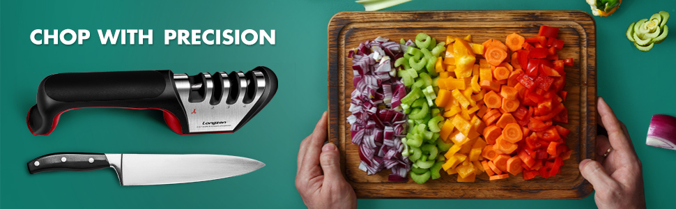 Longzon 5-in-1 Knife Sharpener [4 Stage] with a Pair of Cut-Resistant Glove,Original Premium Polish Blades, Best Kitchen Knife Sharpener Works for Fruit and Steel Knives, Scissors(Black+Silver)