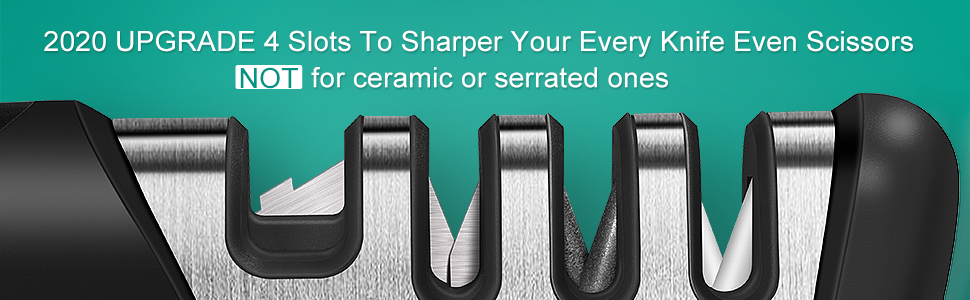 Longzon 5-in-1 Knife Sharpener [4 Stage] with a Pair of Cut-Resistant Glove,Original Premium Polish Blades, Best Kitchen Knife Sharpener Works for Fruit and Steel Knives, Scissors(Black+Silver)