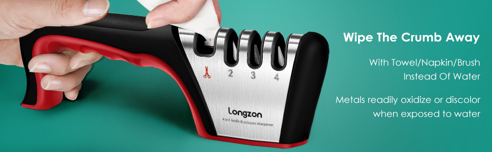 Longzon 5-in-1 Knife Sharpener [4 Stage] with a Pair of Cut-Resistant Glove,Original Premium Polish Blades, Best Kitchen Knife Sharpener Works for Fruit and Steel Knives, Scissors(Black+Silver)