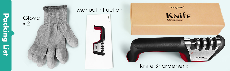 Longzon 5-in-1 Knife Sharpener [4 Stage] with a Pair of Cut-Resistant Glove,Original Premium Polish Blades, Best Kitchen Knife Sharpener Works for Fruit and Steel Knives, Scissors(Black+Silver)