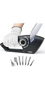Longzon 5-in-1 Knife Sharpener [4 Stage] with a Pair of Cut-Resistant Glove,Original Premium Polish Blades, Best Kitchen Knife Sharpener Works for Fruit and Steel Knives, Scissors(Black+Silver)