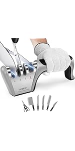 Longzon 5-in-1 Knife Sharpener [4 Stage] with a Pair of Cut-Resistant Glove,Original Premium Polish Blades, Best Kitchen Knife Sharpener Works for Fruit and Steel Knives, Scissors(Black+Silver)
