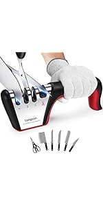 Longzon 5-in-1 Knife Sharpener [4 Stage] with a Pair of Cut-Resistant Glove,Original Premium Polish Blades, Best Kitchen Knife Sharpener Works for Fruit and Steel Knives, Scissors(Black+Silver)
