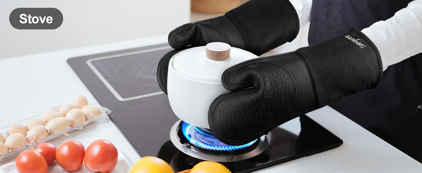 sungwoo Extra Long Silicone Oven Mitts, Heat Resistant Oven Gloves with Quilted Liner Non-Slip Textured Grip Perfect for BBQ, Baking, Cooking and Grilling - 1 Pair 14.6 Inch Black