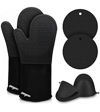 sungwoo Extra Long Silicone Oven Mitts, Heat Resistant Oven Gloves with Quilted Liner Non-Slip Textured Grip Perfect for BBQ, Baking, Cooking and Grilling - 1 Pair 14.6 Inch Black