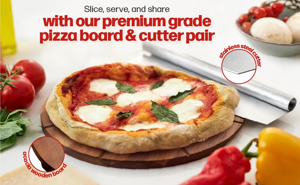 Hans Grill Pizza Cutting Board and Pizza Cutter Rocker Blade Gift Set Professional Stainless Steel Food Slicer with 13.5