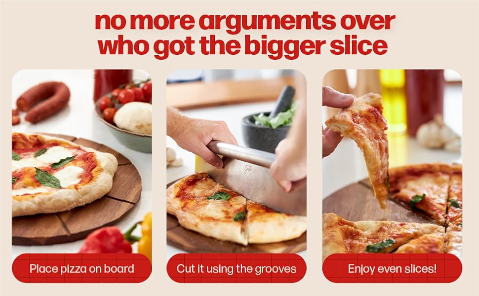 Hans Grill Pizza Cutting Board and Pizza Cutter Rocker Blade Gift Set Professional Stainless Steel Food Slicer with 13.5