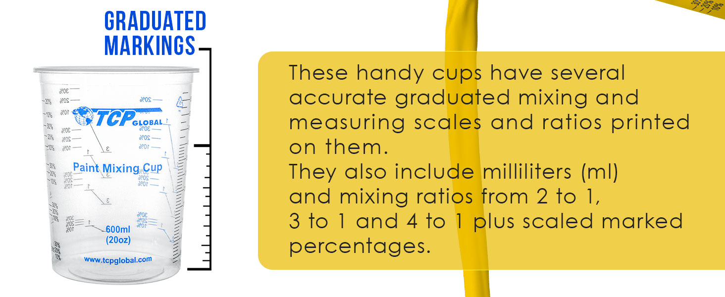 TCP Global 20 oz. (600ml) Graduated Plastic Mixing Cups - Box of 25 - Disposable Plastic Measuring Cups for Liquids, Paints, Resin, Epoxy, Art, Kitchen - Ratios 2-1, 3-1, 4-1 ML