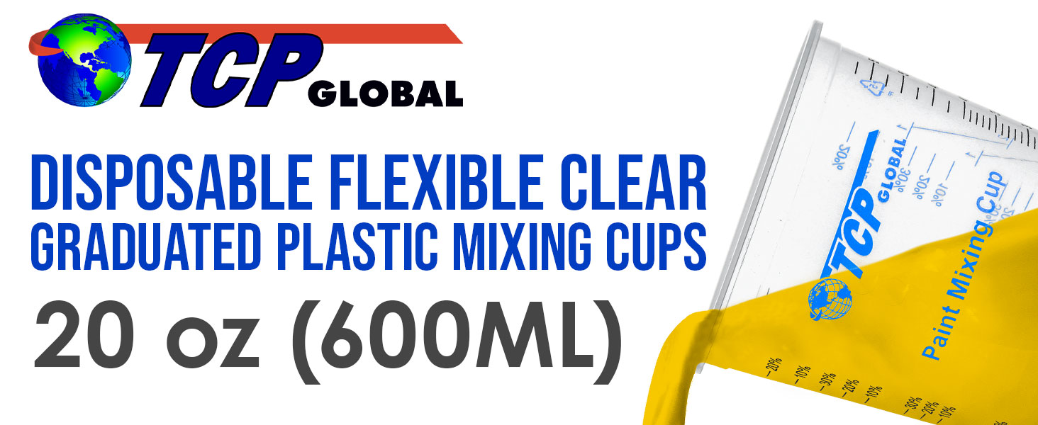 TCP Global 20 oz. (600ml) Graduated Plastic Mixing Cups - Box of 25 - Disposable Plastic Measuring Cups for Liquids, Paints, Resin, Epoxy, Art, Kitchen - Ratios 2-1, 3-1, 4-1 ML