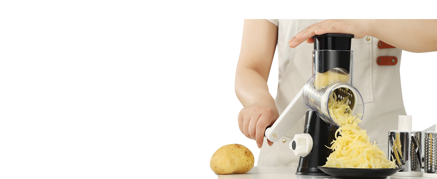 Rotary Cheese Grater with Handle, Kitchen Speed Hand Crank Vegetable Slicer, Potato Hash Brown Shredder Spinning Nut Grinder with 3 Replaceable Stainless Steel Drum Blades (White)