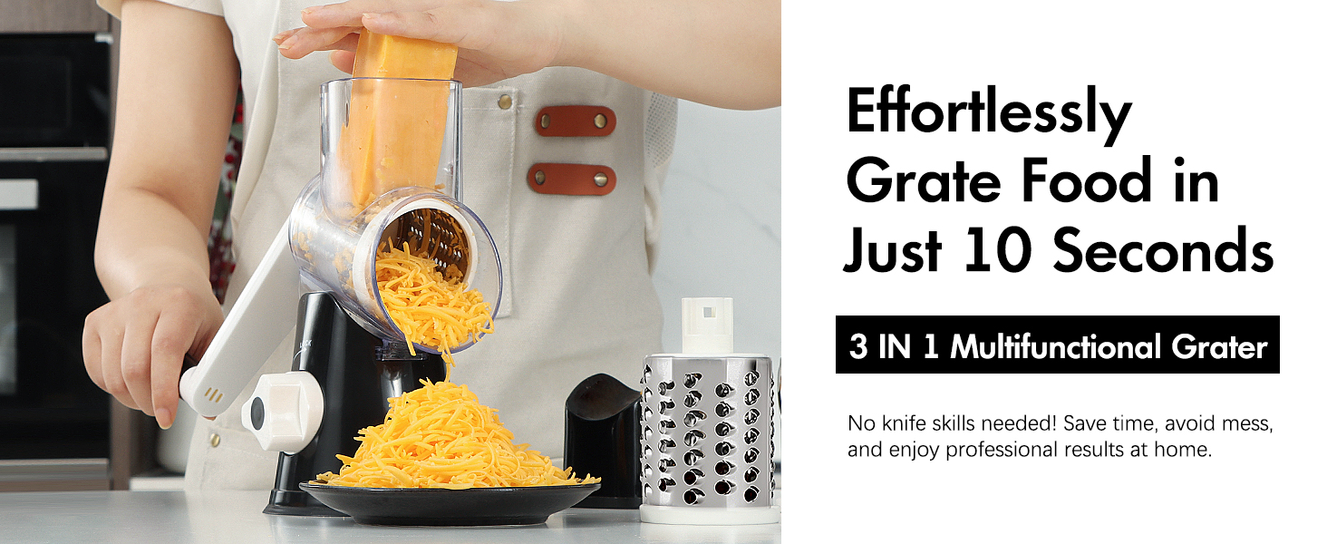 Rotary Cheese Grater with Handle, Kitchen Speed Hand Crank Vegetable Slicer, Potato Hash Brown Shredder Spinning Nut Grinder with 3 Replaceable Stainless Steel Drum Blades (White)
