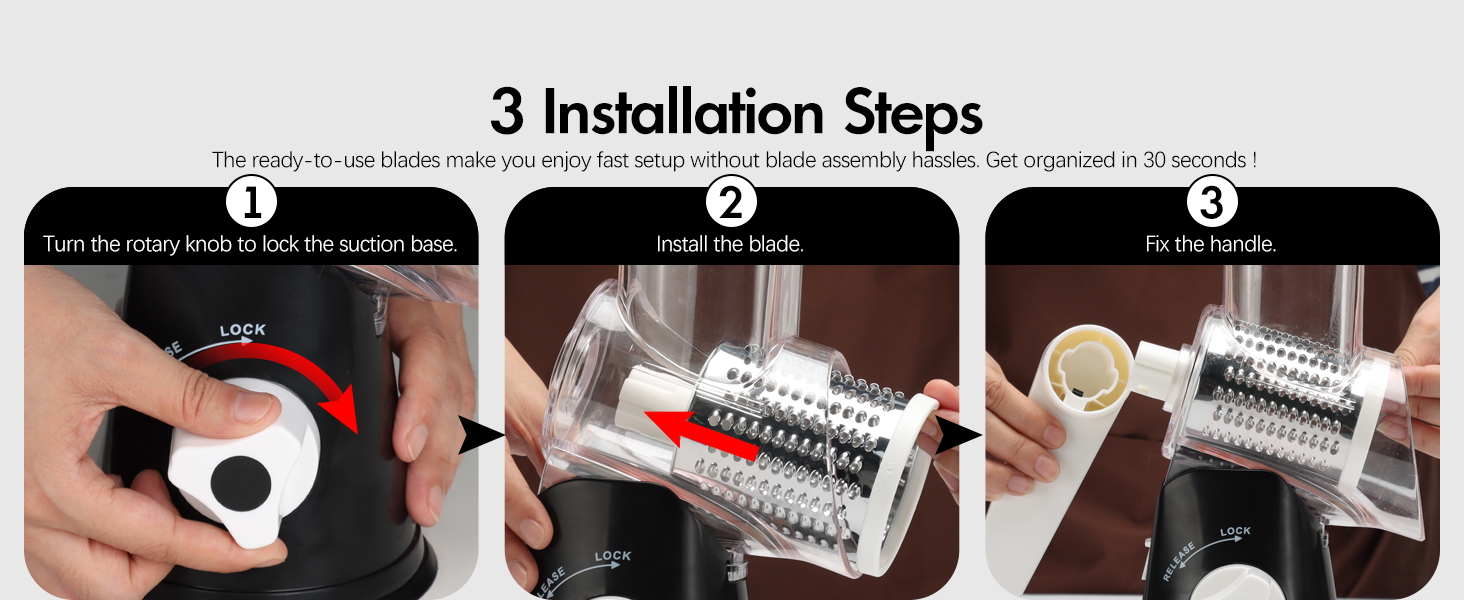 Rotary Cheese Grater with Handle, Kitchen Speed Hand Crank Vegetable Slicer, Potato Hash Brown Shredder Spinning Nut Grinder with 3 Replaceable Stainless Steel Drum Blades (White)