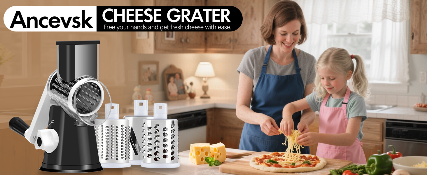 Rotary Cheese Grater with Handle, Kitchen Speed Hand Crank Vegetable Slicer, Potato Hash Brown Shredder Spinning Nut Grinder with 3 Replaceable Stainless Steel Drum Blades (White)