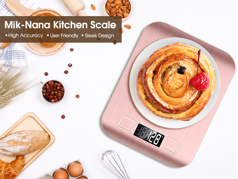 Mik-Nana Food Scale Pink, 10kg/22lb Digital Kitchen Scale Weight Grams and Oz for Baking and Cooking, 1g/0.1oz Precise Graduation, Easy Clean Stainless Steel