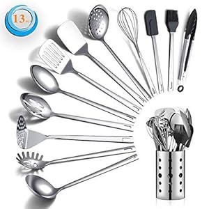 Stainless Steel Cooking Utensils Set, Berglander 13 Pieces Kitchen Utensils Set, Kitchen Tools Set With Utensil Holder Non-Stick And Heat Resistant,Dishwasher Safe, Easy to Clean (13 Packs)