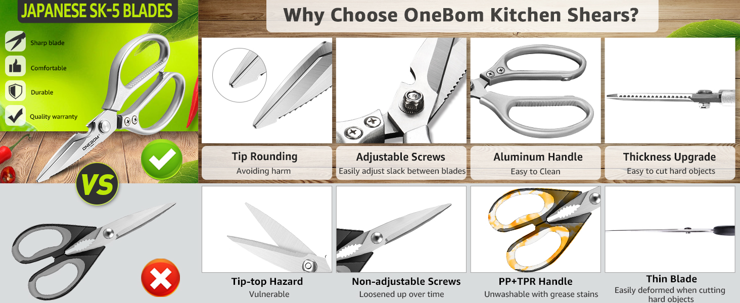 ONEBOM Kitchen Shears 2 Pack,Multi-Function Kitchen Scissors Heavy Duty Sharp 304 Stainless Steel, Apartment Kitchen Accessories Cooking Shears for Chicken,Meat,Fish,Poultry(Sliver)