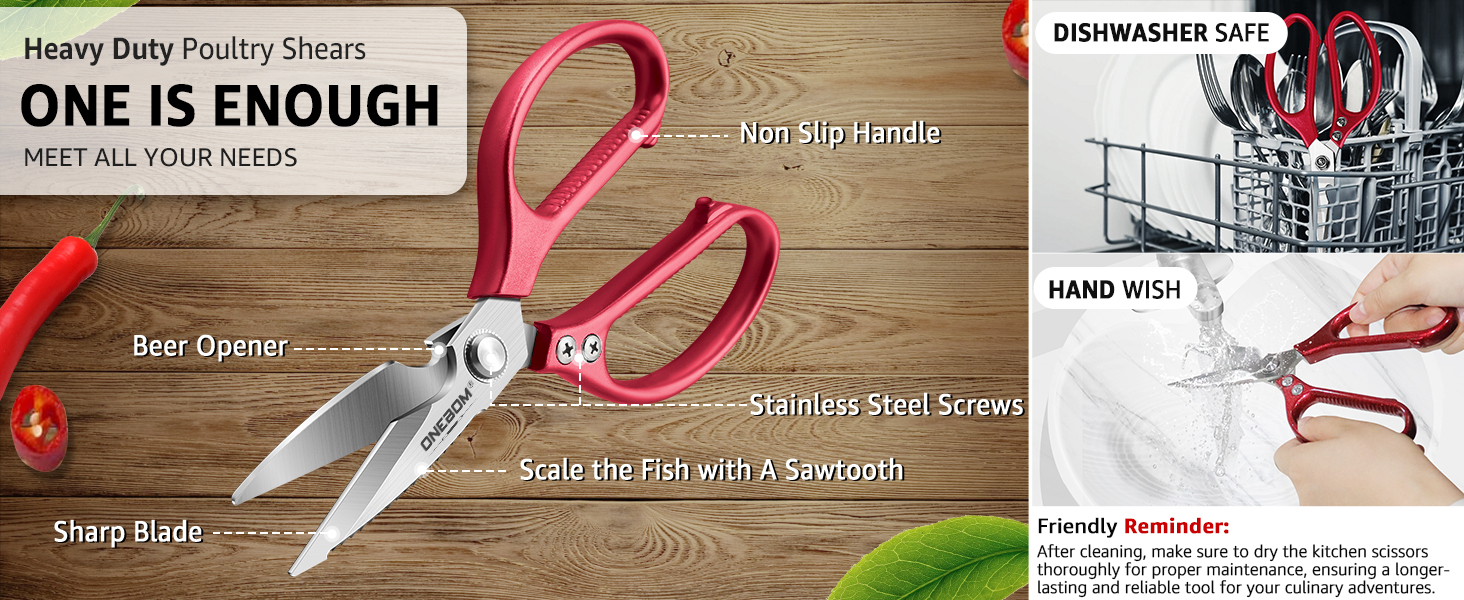 ONEBOM Kitchen Shears 2 Pack,Multi-Function Kitchen Scissors Heavy Duty Sharp 304 Stainless Steel, Apartment Kitchen Accessories Cooking Shears for Chicken,Meat,Fish,Poultry(Sliver)